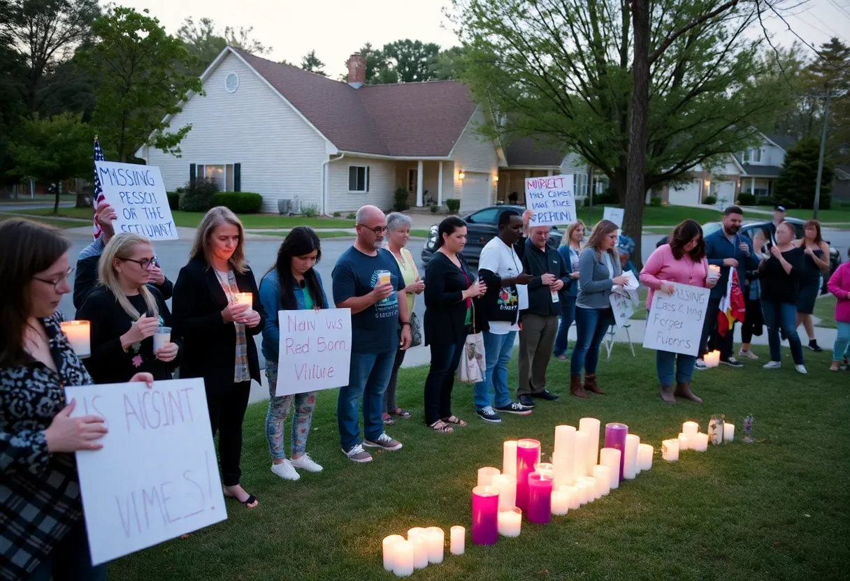 Community members holding candles at a vigil for a missing person case.