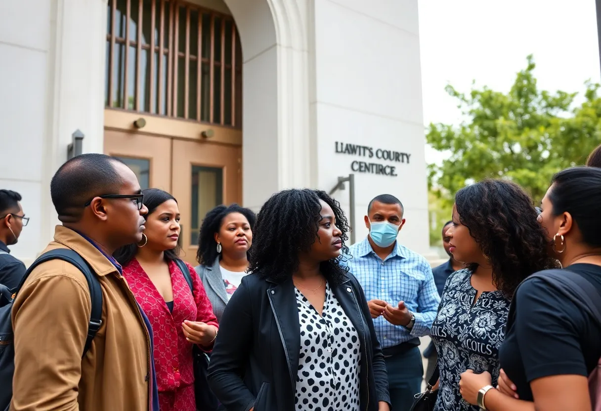 Community members discussing legal issues outside a courthouse in Los Angeles.