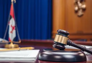 Courtroom with gavel and legal documents