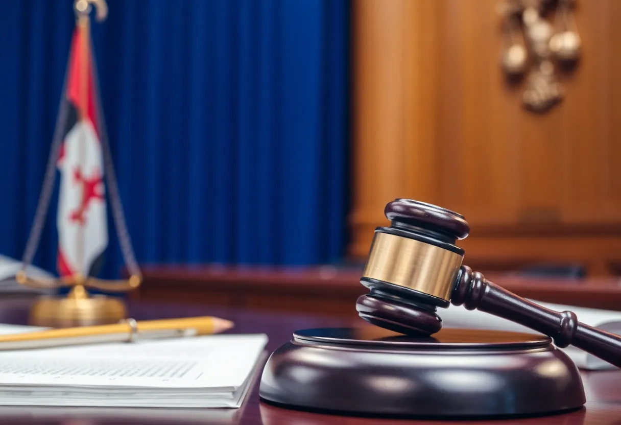 Courtroom with gavel and legal documents