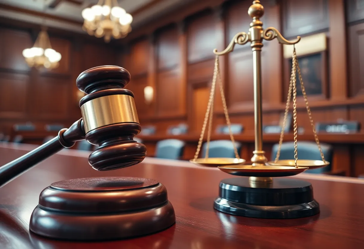 A gavel and scales of justice in a courtroom