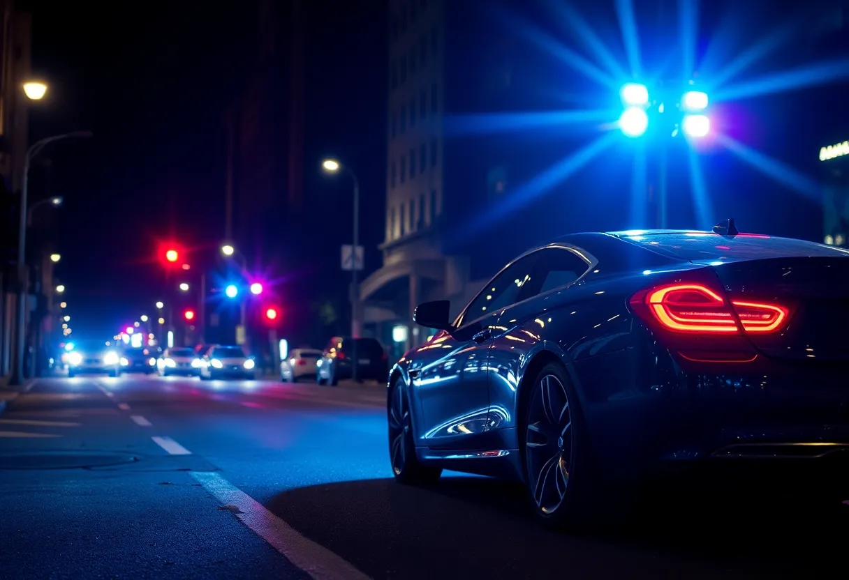 Police lights at a crime scene with a luxury car