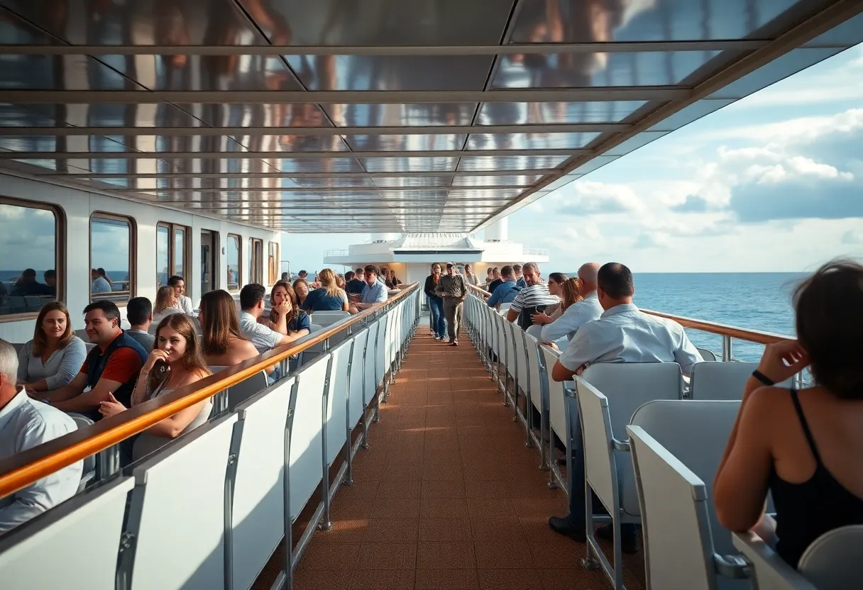Passengers on a cruise ship with a focus on safety measures.