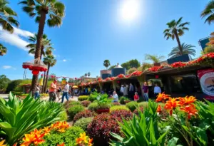 A lively garden event in Los Angeles during December with festive decorations.