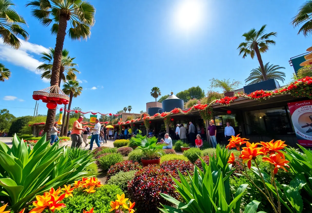A lively garden event in Los Angeles during December with festive decorations.