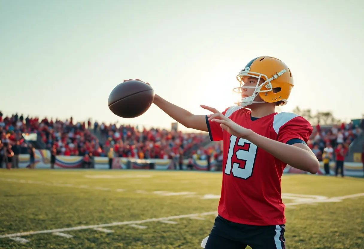 Young quarterback practicing throws on the football field