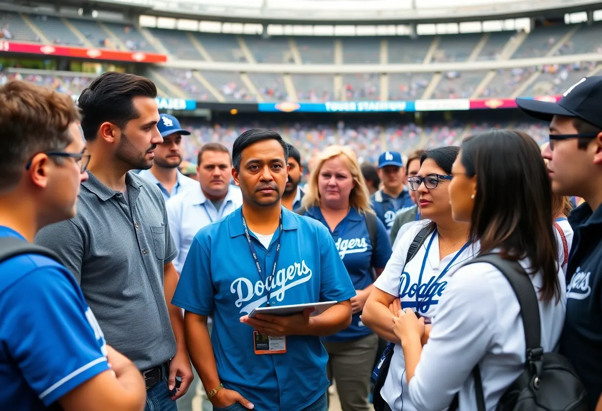 Tour guides at Dodger Stadium in a serious discussion about union representation