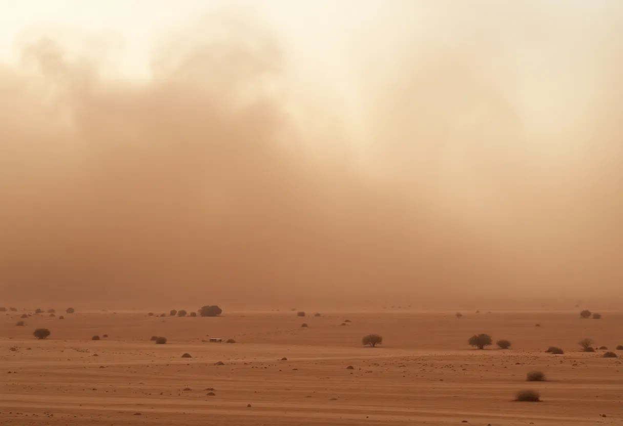 A haboob approaching a desert landscape in California, with a dense wall of dust.