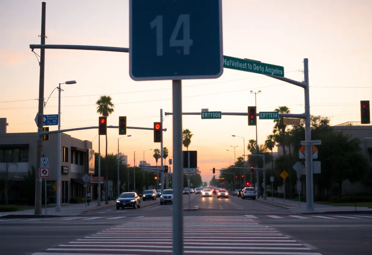 Traffic signs and crosswalk in East Los Angeles intersection