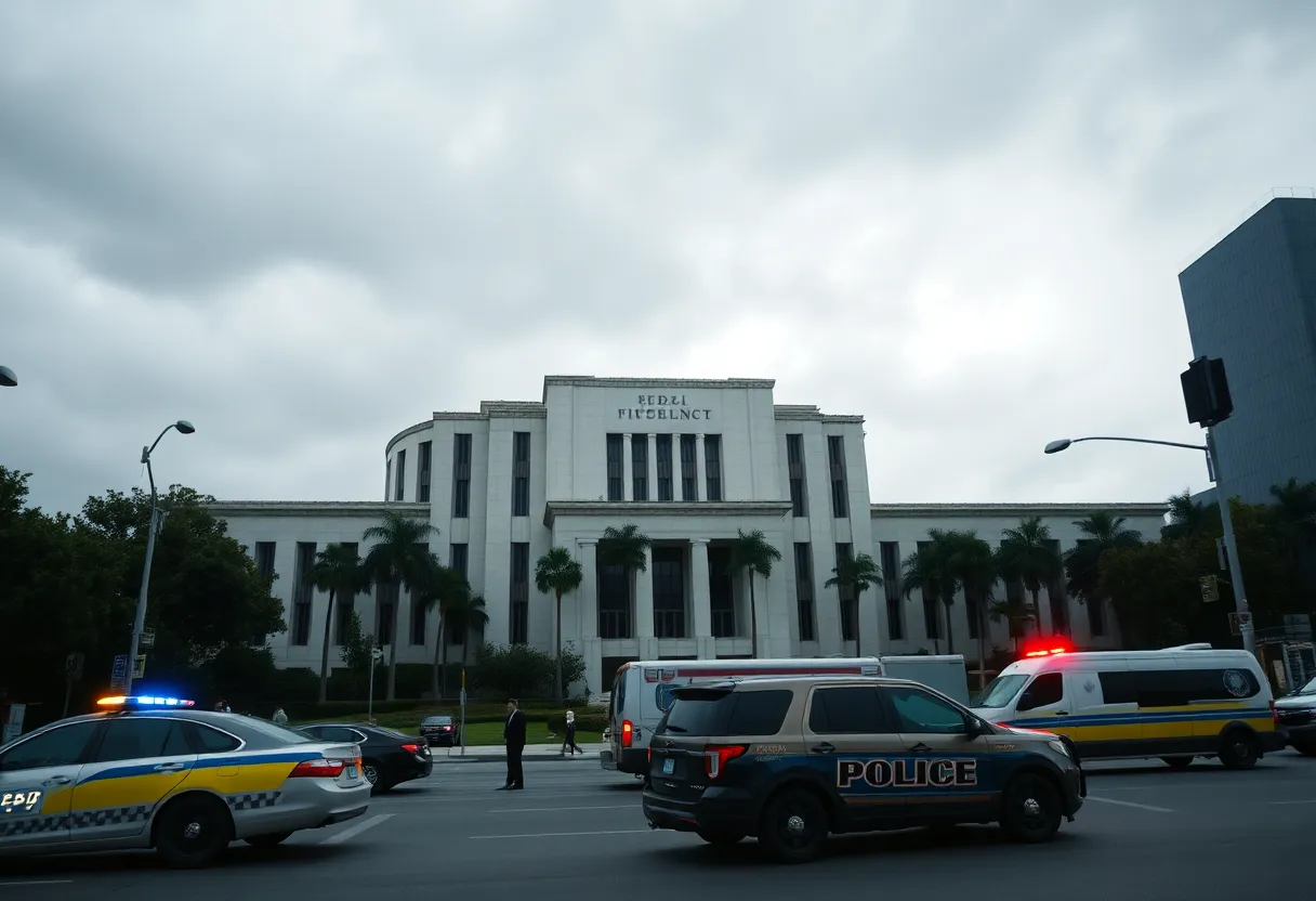 Police cordon around the Los Angeles Federal Building after a firebombing attempt.