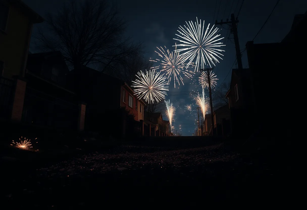 Scene depicting the aftermath of illegal fireworks explosion in a South Los Angeles neighborhood.