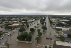 Flooded streets in Southern California with storm clouds