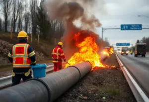 Emergency response teams managing a gas line rupture near Castaic freeway.