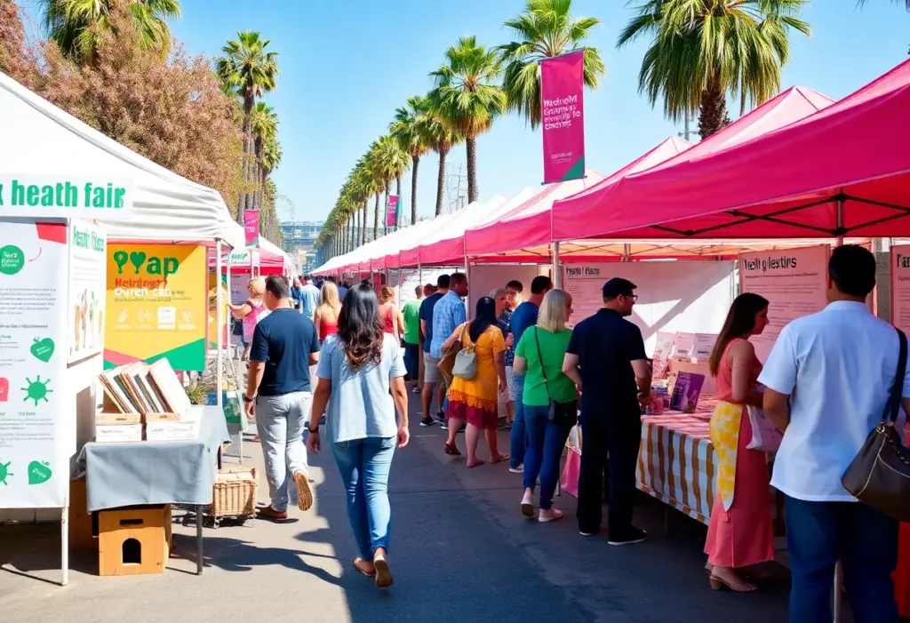 A community health fair in Los Angeles with various booths and people participating in activities.