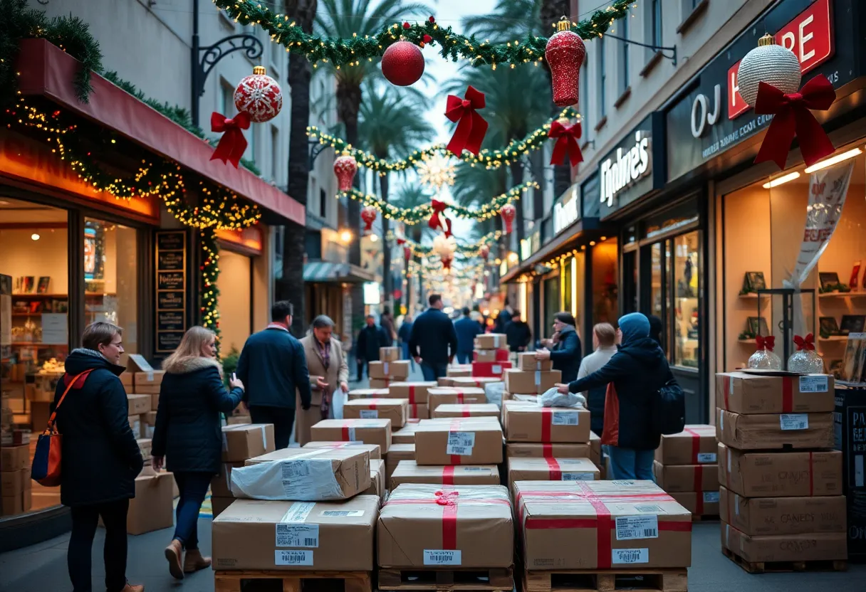 Bustling scene of Los Angeles with holiday packages for shipping