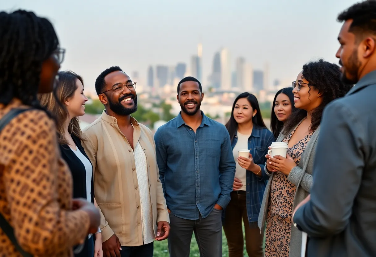 Diverse first-time home buyers looking at property listings in Los Angeles