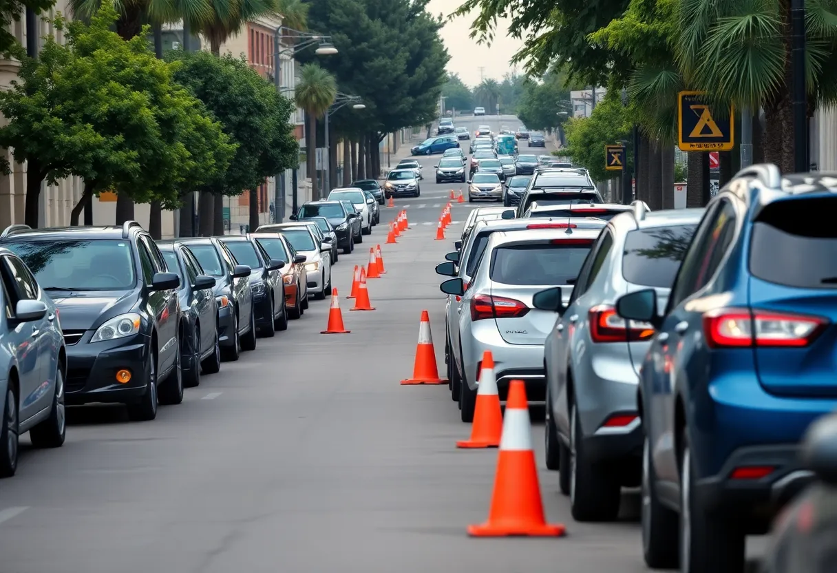 Street in Los Angeles with parked cars and orange cones reserved for parking