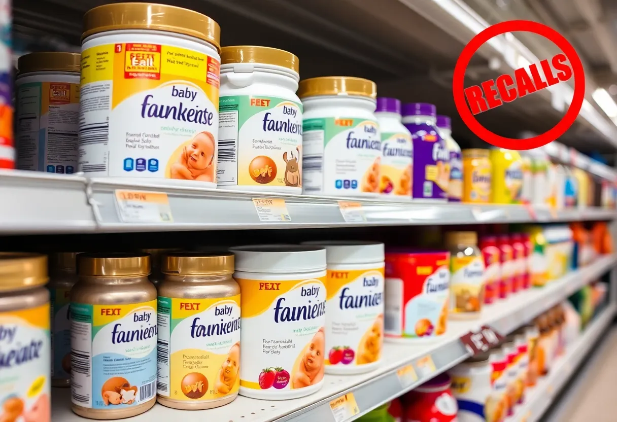 Shelves of infant formula products with a warning sign about a recall.