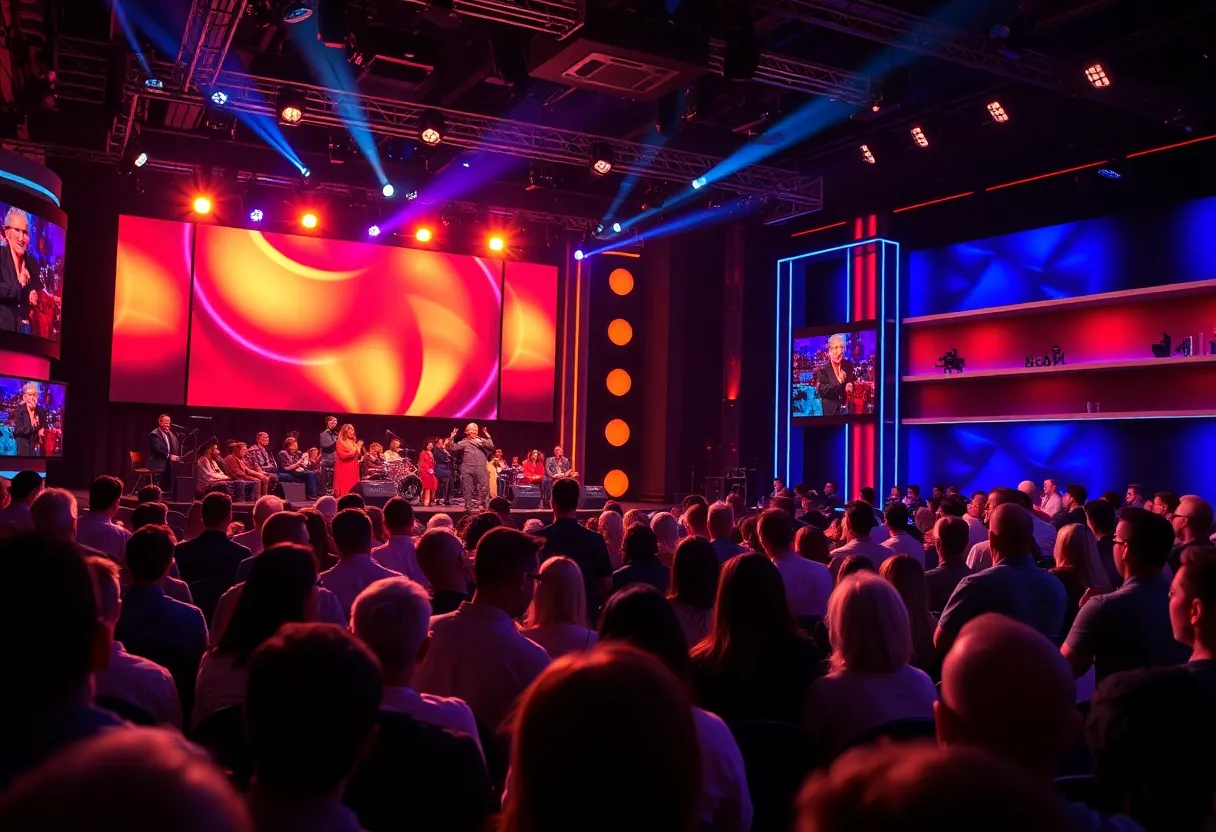 Late-night television set depicting a lively audience and colorful studio lights.