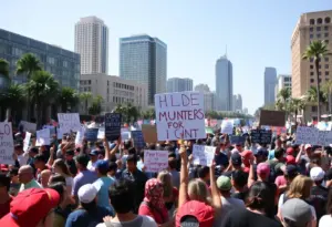 Crowd protesting against ICE in Los Angeles showing support for immigrant rights.