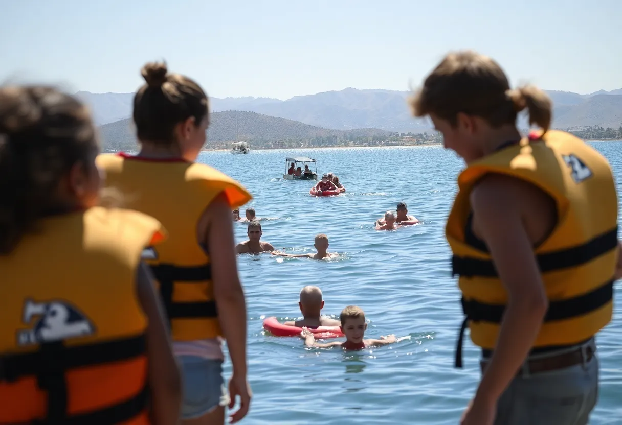 Families enjoying water activities at Lake Perris with life jackets.