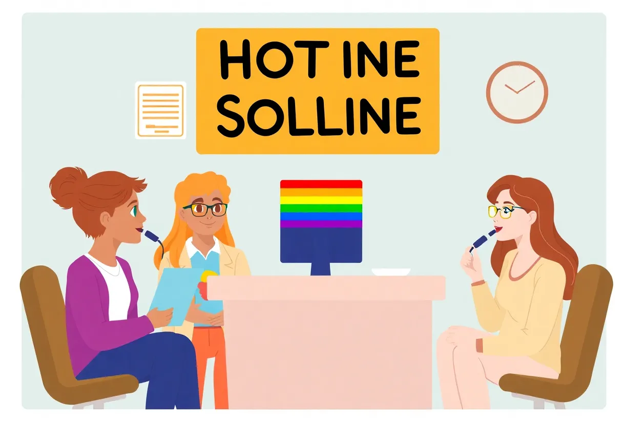 Illustration of counselors assisting LGBTQ+ youth in crisis hotline.