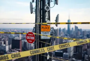 Communication tower in Los Angeles with police warning signs