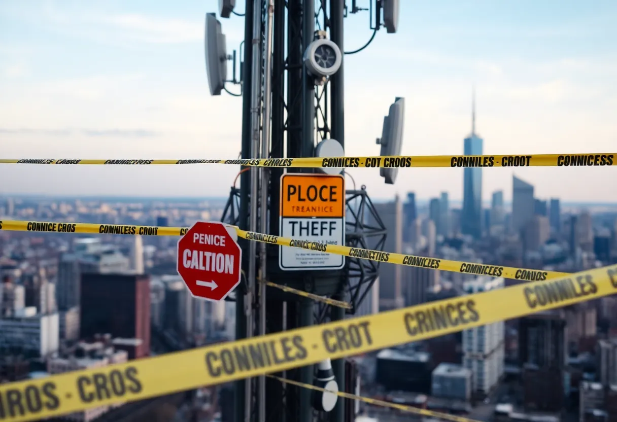 Communication tower in Los Angeles with police warning signs