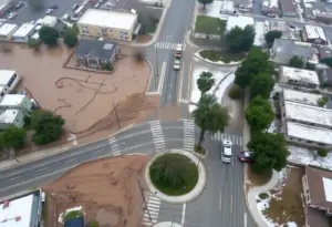 Aerial view of flooded streets and mudslides in Los Angeles County