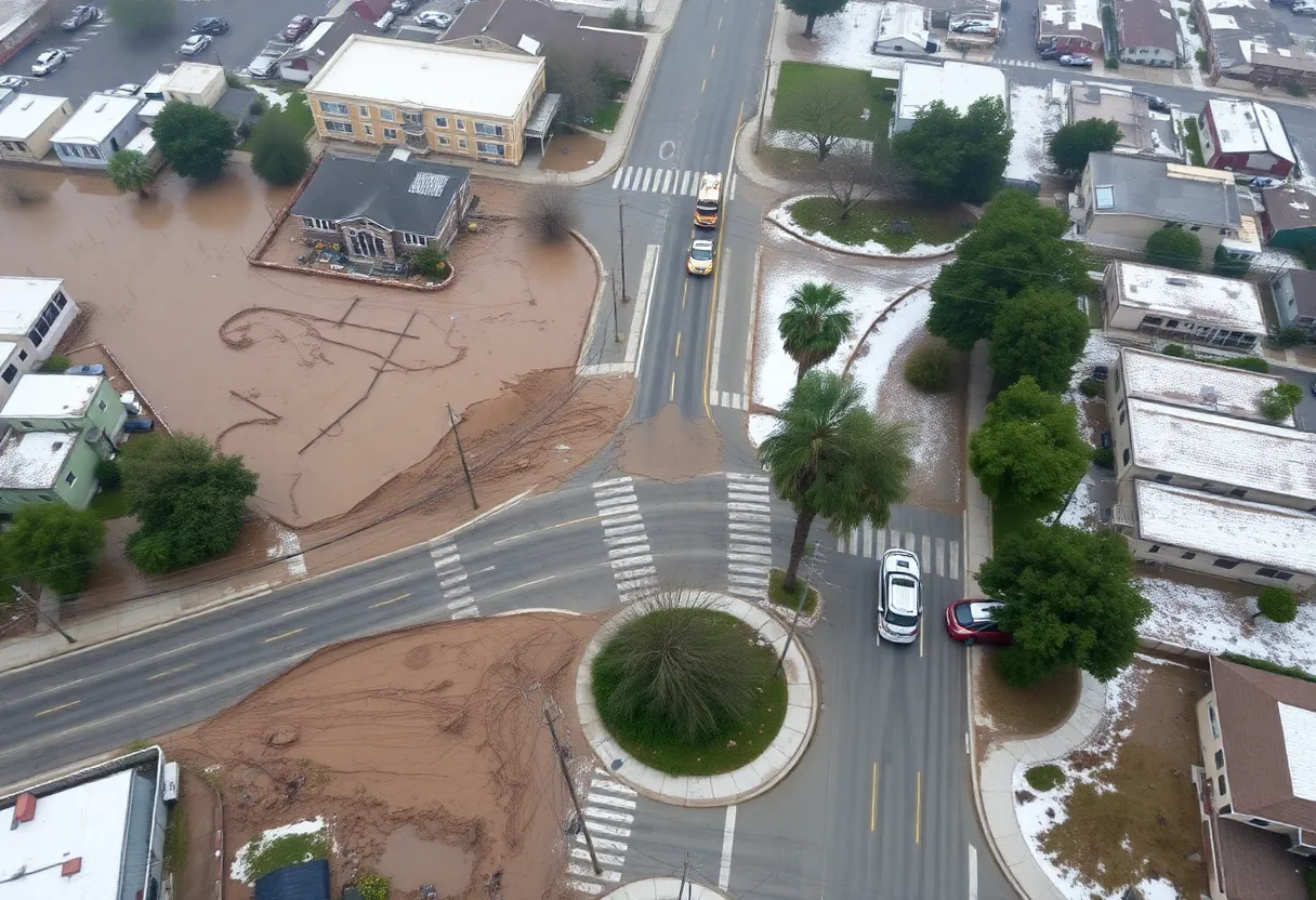 Aerial view of flooded streets and mudslides in Los Angeles County
