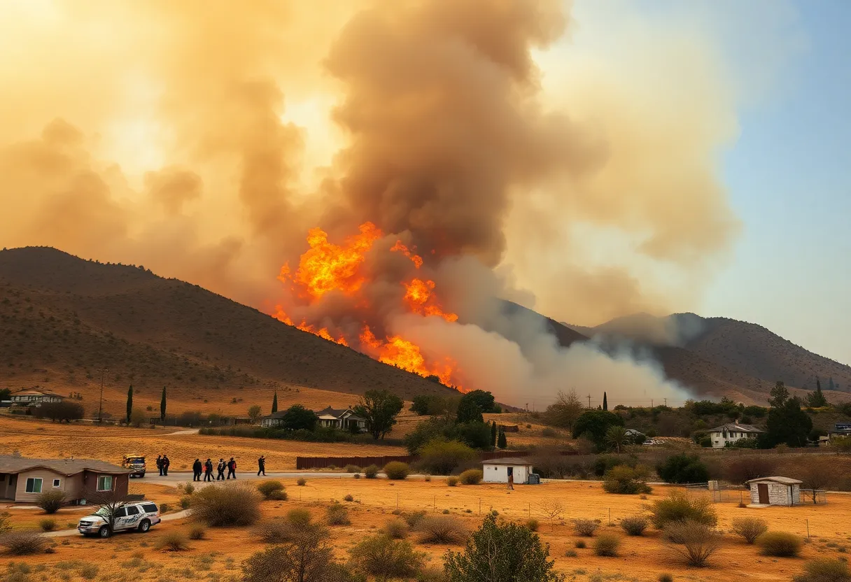 Wildfire burning in Los Angeles County, California with smoke and firefighters responding.