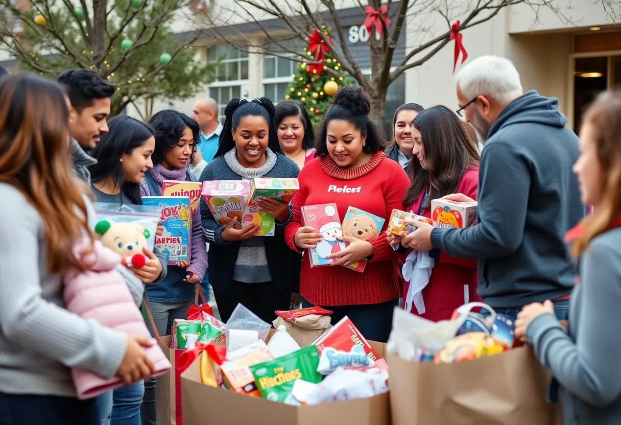 Families participating in the Los Angeles holiday drive donating items.