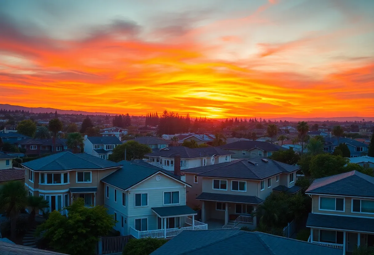 Diverse neighborhoods of Los Angeles with homes at sunset