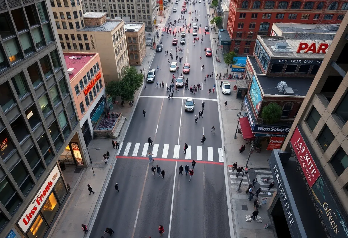 A bustling view of downtown Los Angeles reflecting ongoing discussions about minimum wage increase.