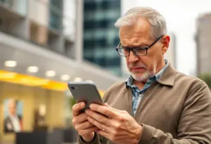 Concerned older man looking at a dating app on his phone