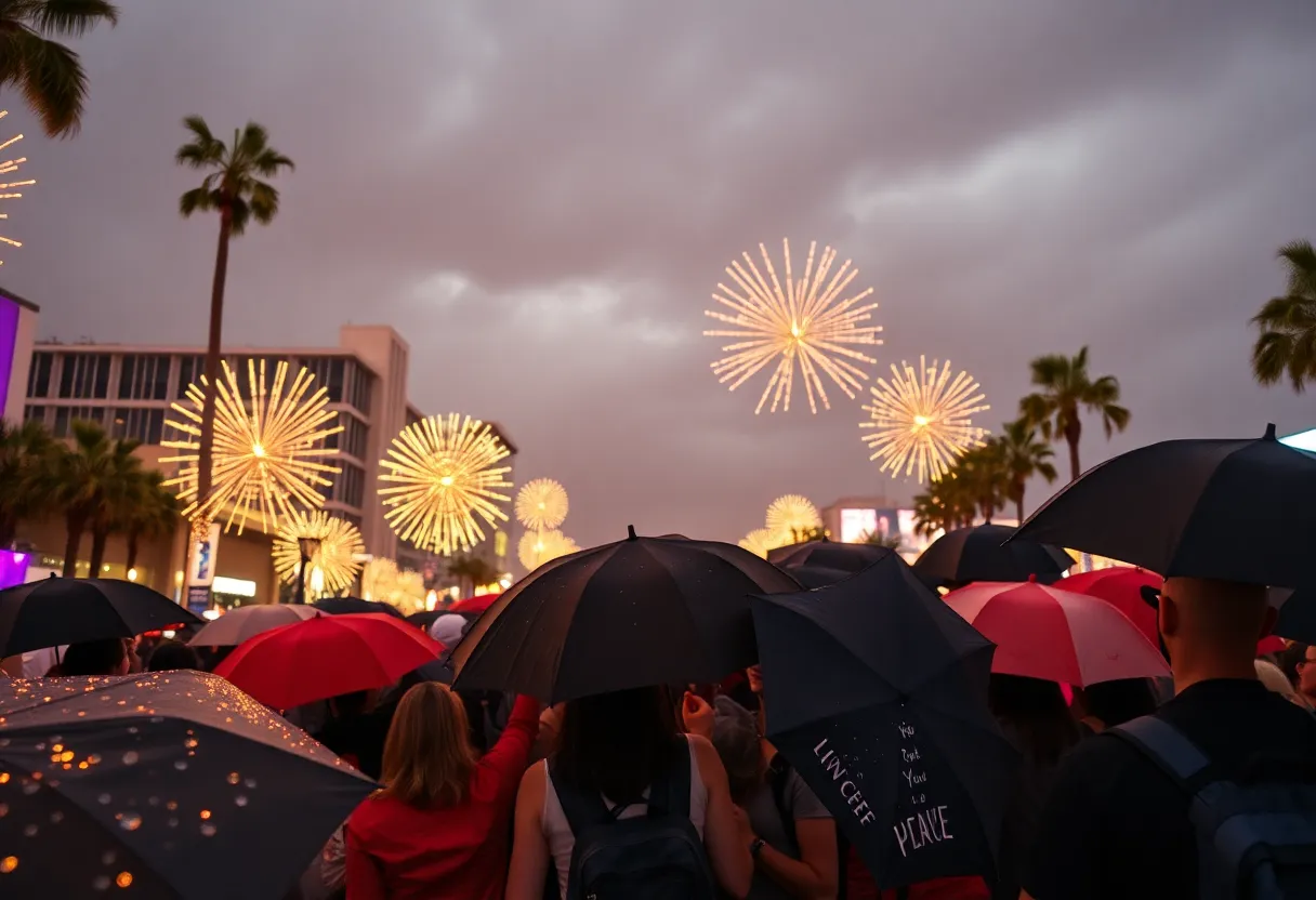 Crowds with umbrellas at a New Year's Eve celebration in Los Angeles