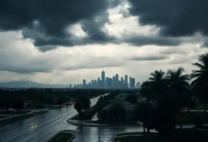Heavy rainstorm in Los Angeles with dark clouds