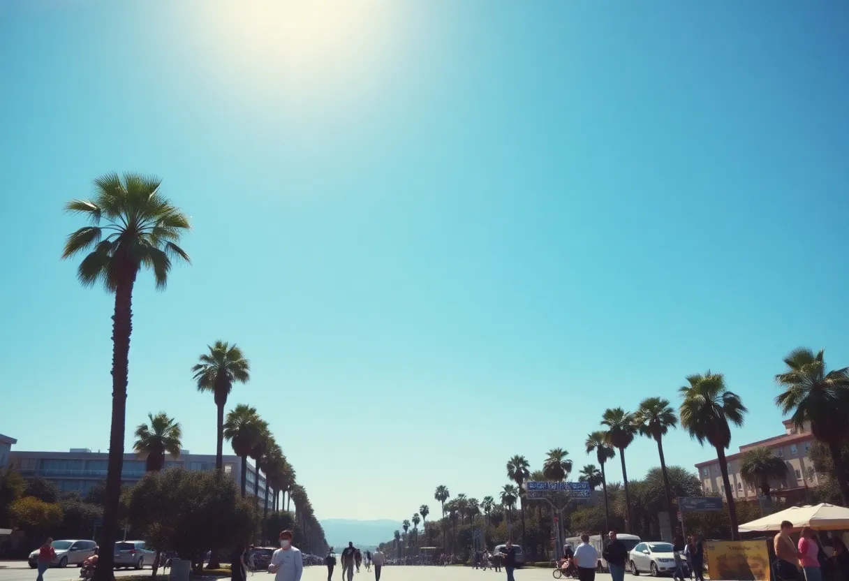 People enjoying warm weather in Los Angeles with palm trees and blue skies