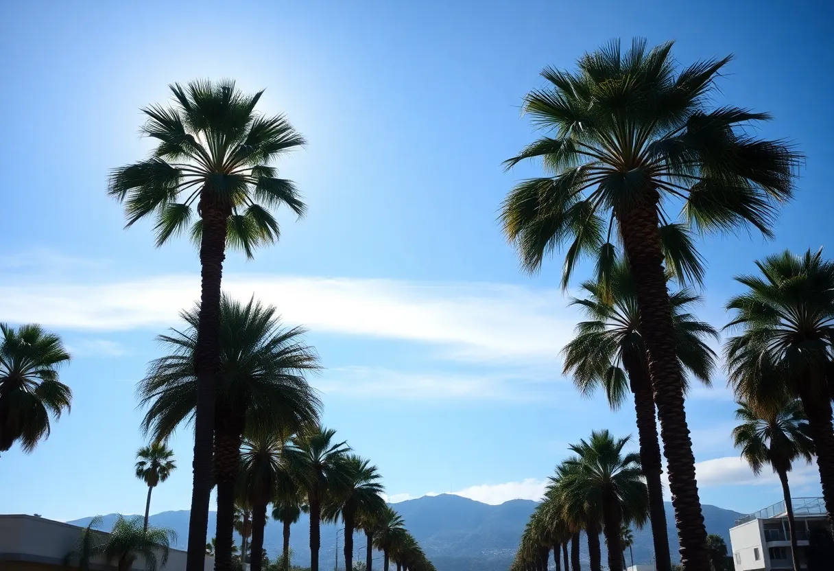 Sunny Los Angeles sky with palm trees before impending storm