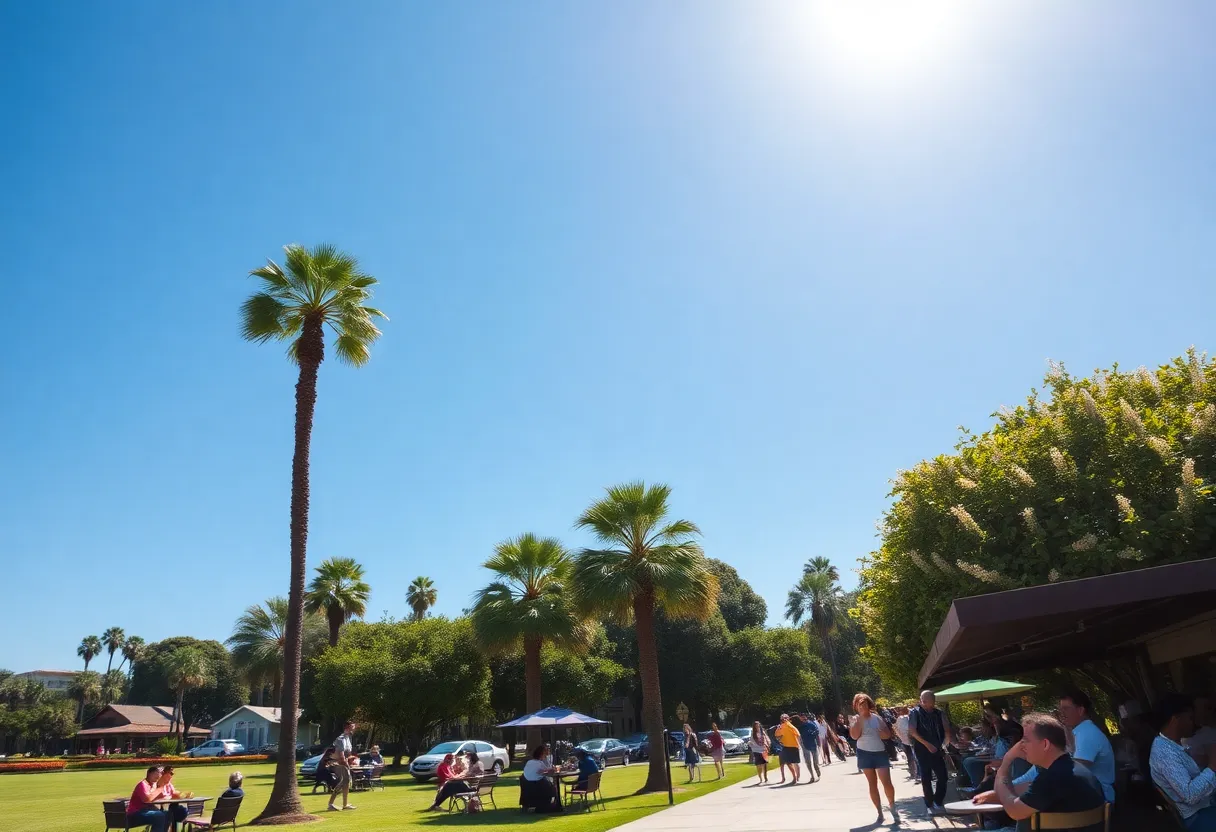 Sunny weather in Los Angeles with people enjoying outdoor activities.
