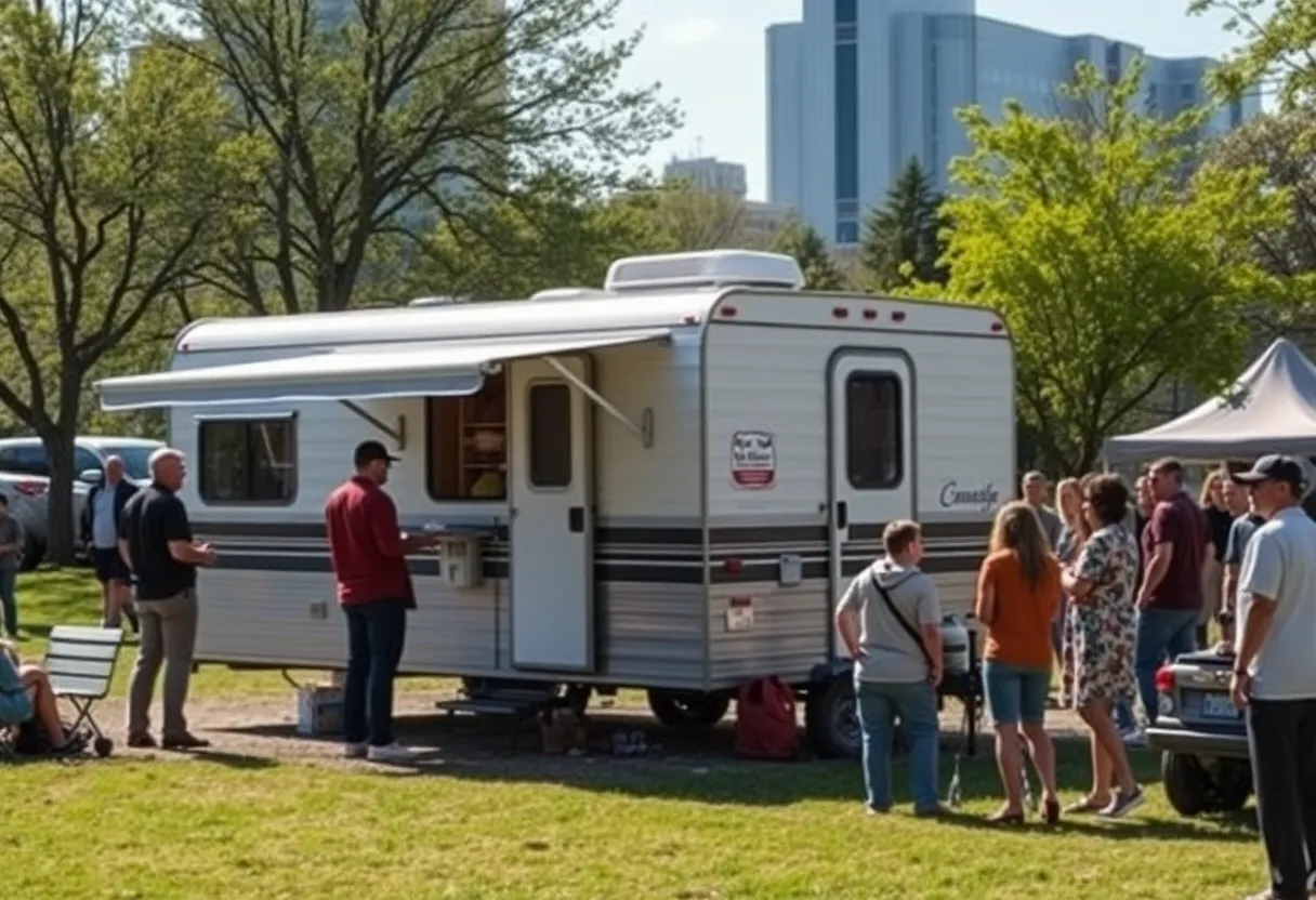 Community members discussing issues at MacArthur Park with a trailer in the background