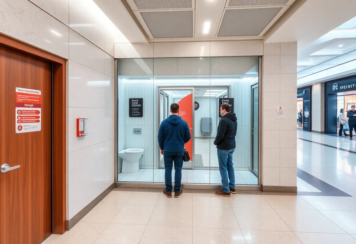 A restroom in a department store highlighting safety concerns.
