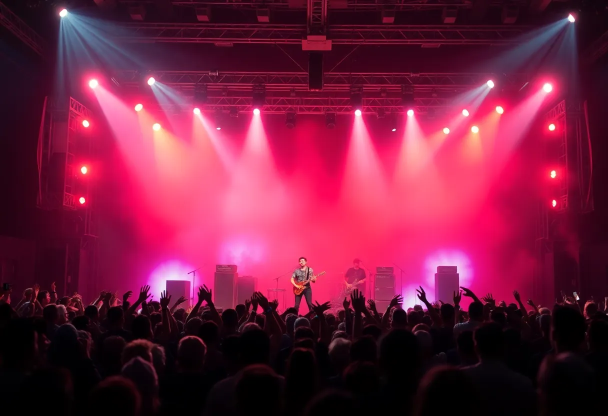 Maná performing live at a concert with a cheering crowd.