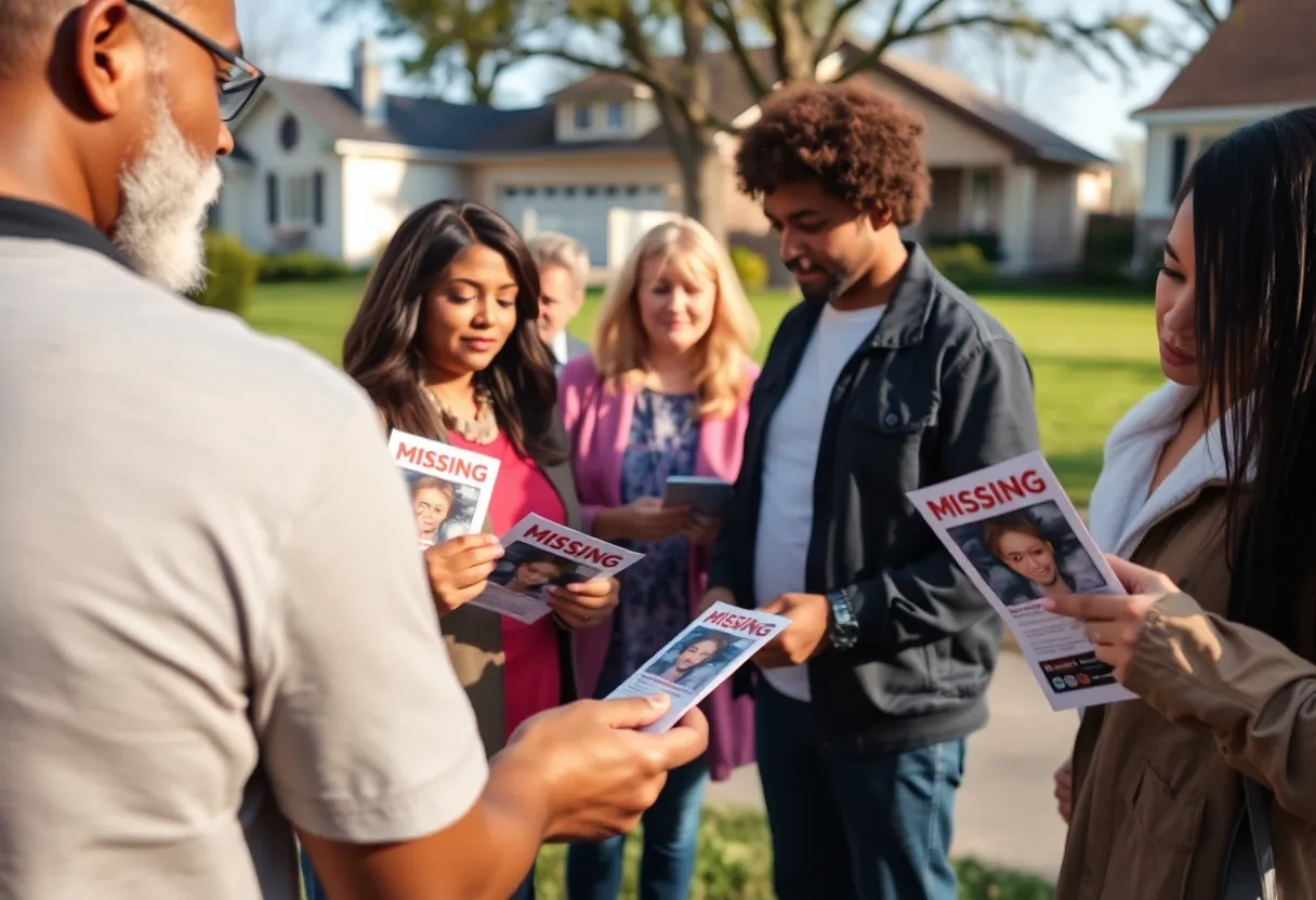 Community members gathering and displaying flyers for a missing teenager.
