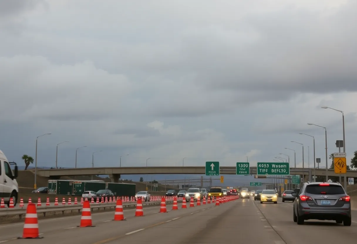 Scene of a motorcycle accident on the 405 Freeway with emergency vehicles