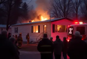 Firefighters extinguishing a mobile home fire in Murrieta