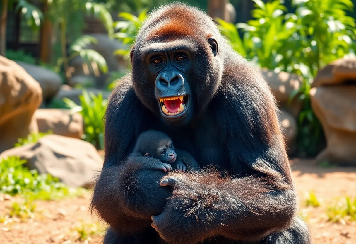 Mother gorilla with her newborn baby in the Los Angeles Zoo.