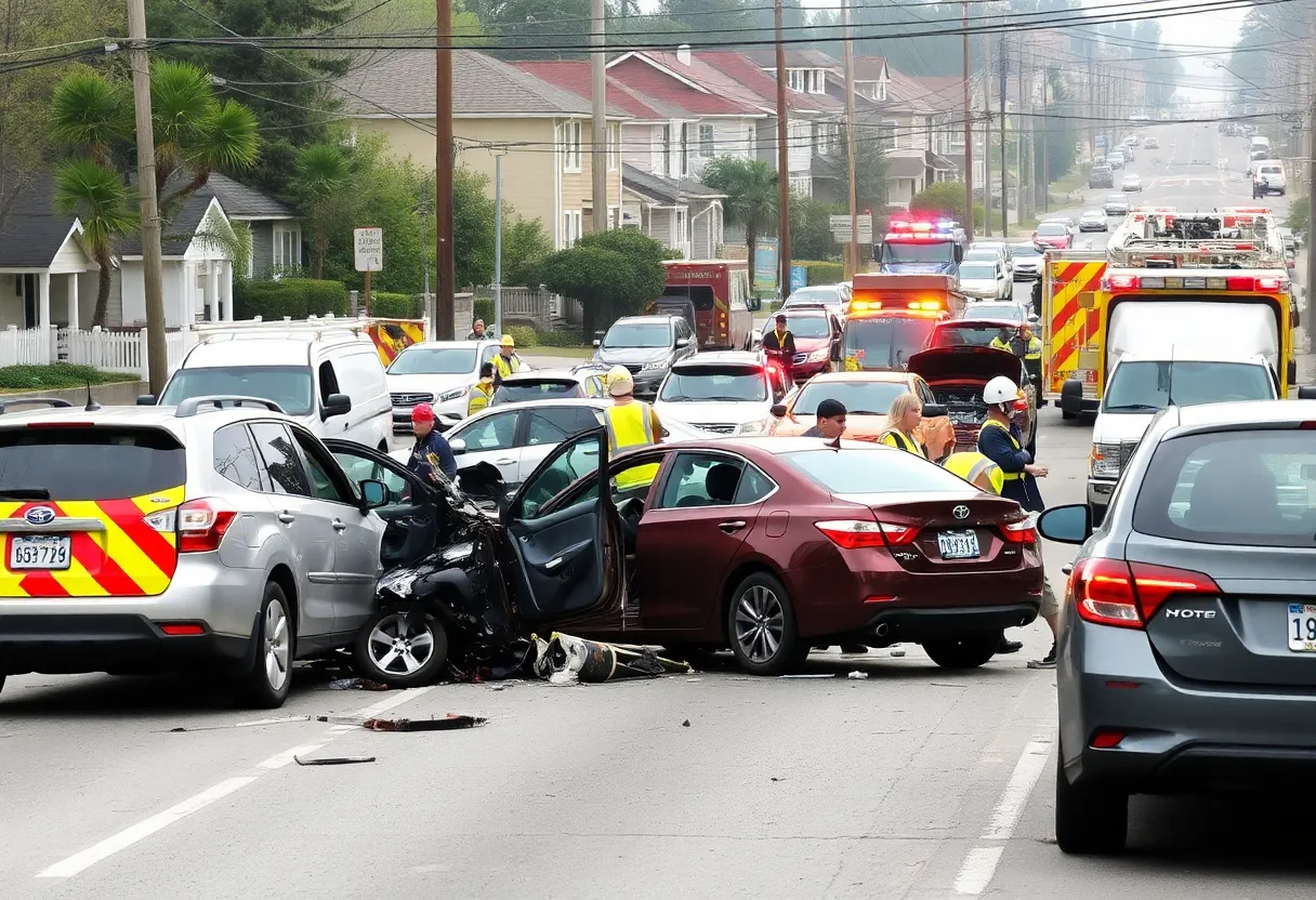 Scene of a multi-vehicle crash in Northridge with emergency responders