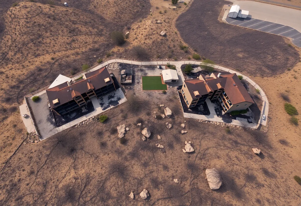 Burned apartment buildings in Santa Clarita due to the Olga Fire