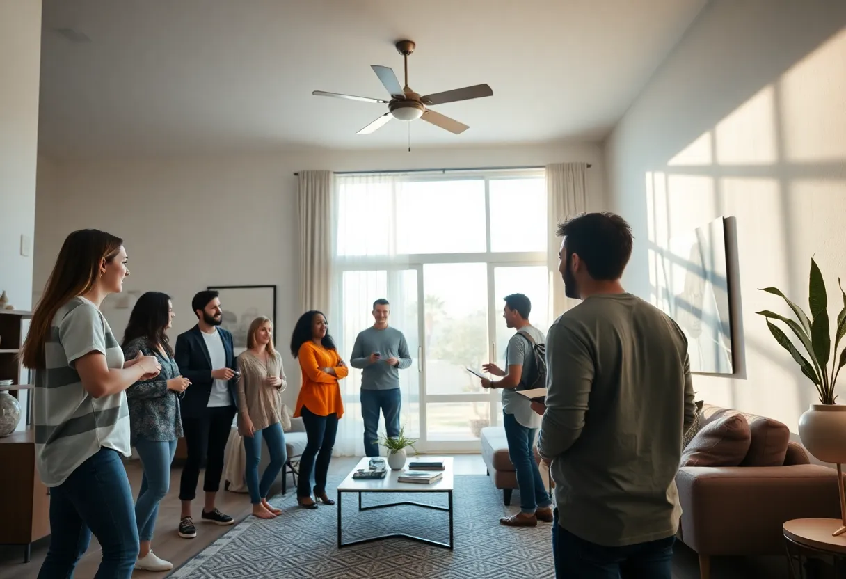 A group of first-time buyers looking around a modern open house in Los Angeles.